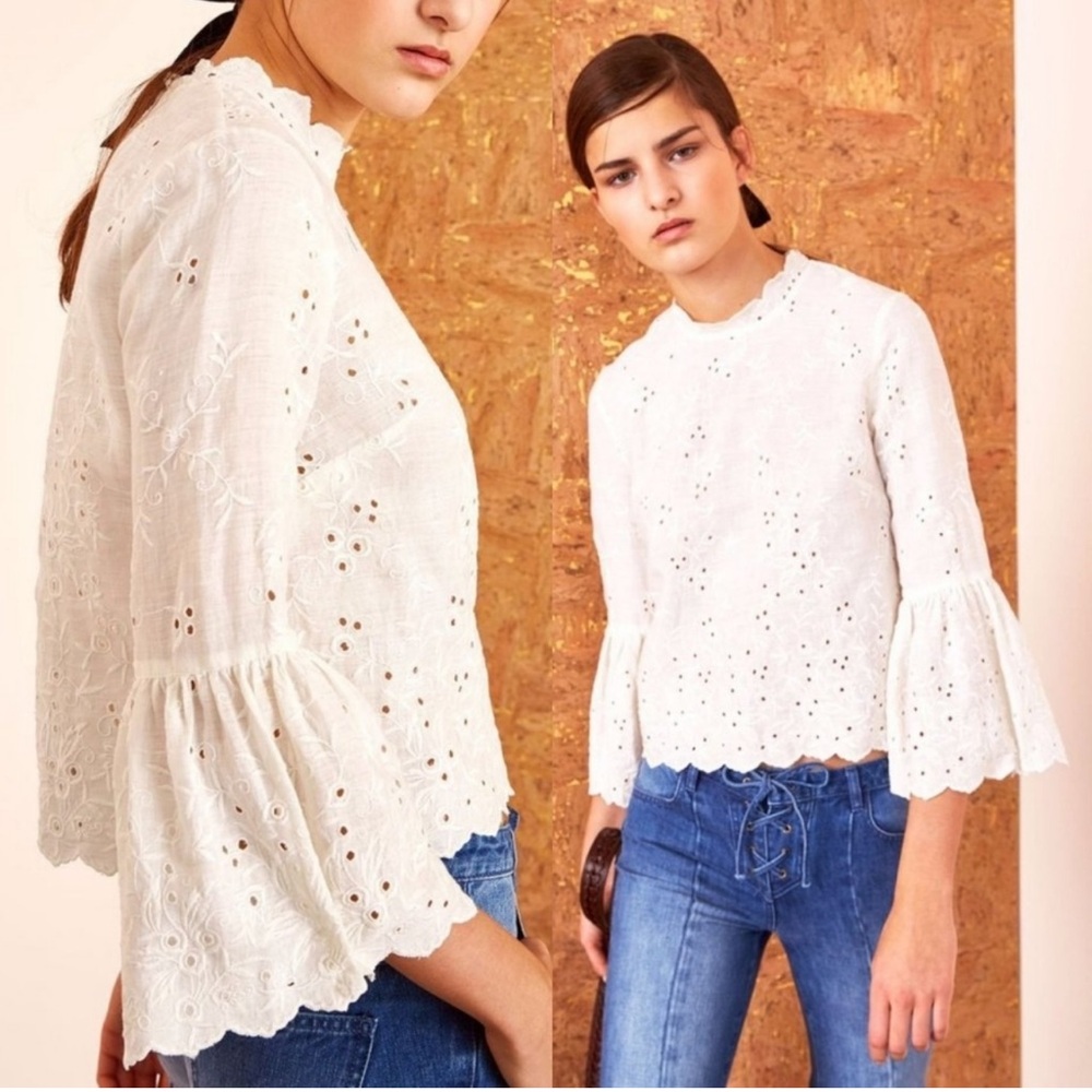 Ulla Johnson Blouse White Eyelet Linen Bell Sleeves Linen Blend Grace US 4